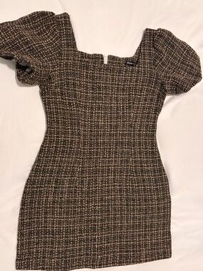 SHEIN Brown & Black Tweed Square Neck Puff Sleeve Mini Dress - Size M Used